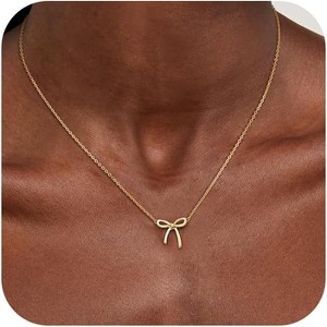 14K Gold Plated Necklace for Women Necklace Cute Small Tiny Bow Pendant Choker Chain Necklace - 1 of 4