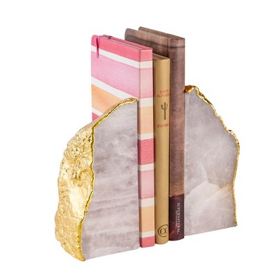 Elegant Rose Quartz and Gold Gilded Bookends, Set of 2