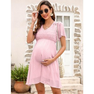 YesFashion Women's Summer Maternity Dress Swiss Polka Dot Short Sleeve V Neck Midi Dress Casual A Line Dress for Babyshower - 1 of 4