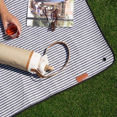 Navy and White Striped Waterproof Picnic Blanket with Leather Straps