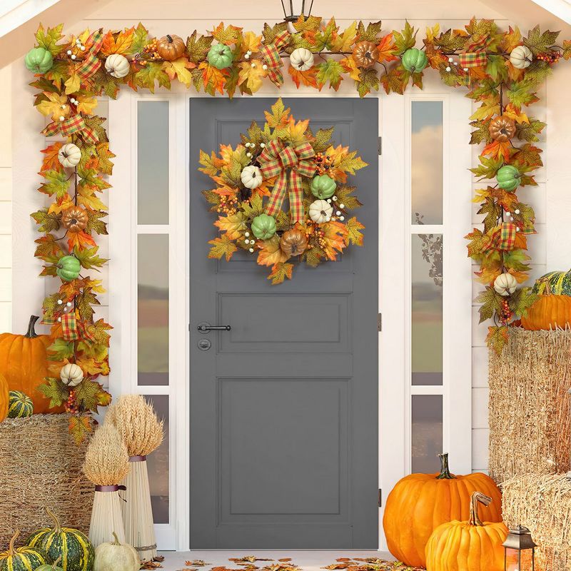 Fall Wreaths for Front Door, 20" Autumn Wreath with Pumpkin Ribbon Berries and Maples Leaf, 5 of 7