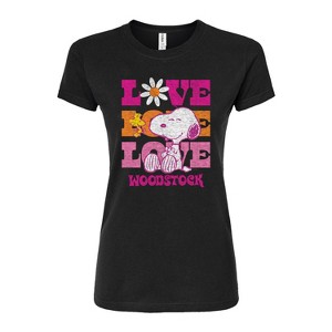 Women's - Peanuts - Snoopy and Woodstock Love Stacked Juniors Fitted Graphic T-Shirt - 1 of 3