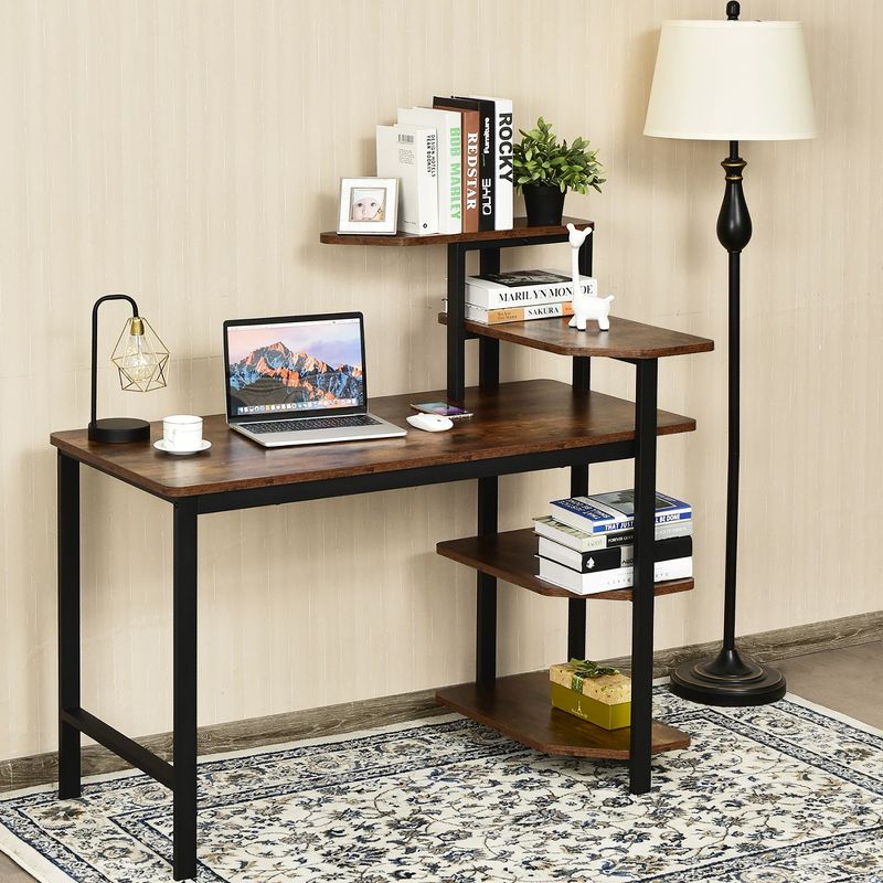 Costway Computer Desk Writing Study Table with Storage Shelves Home Office Rustic Brown, 4 of 11