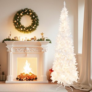 Costway 7 FT Pre-Lit Hinged Pencil Christmas Tree White with 300 LED Lights & 8 Flash Modes - 1 of 4