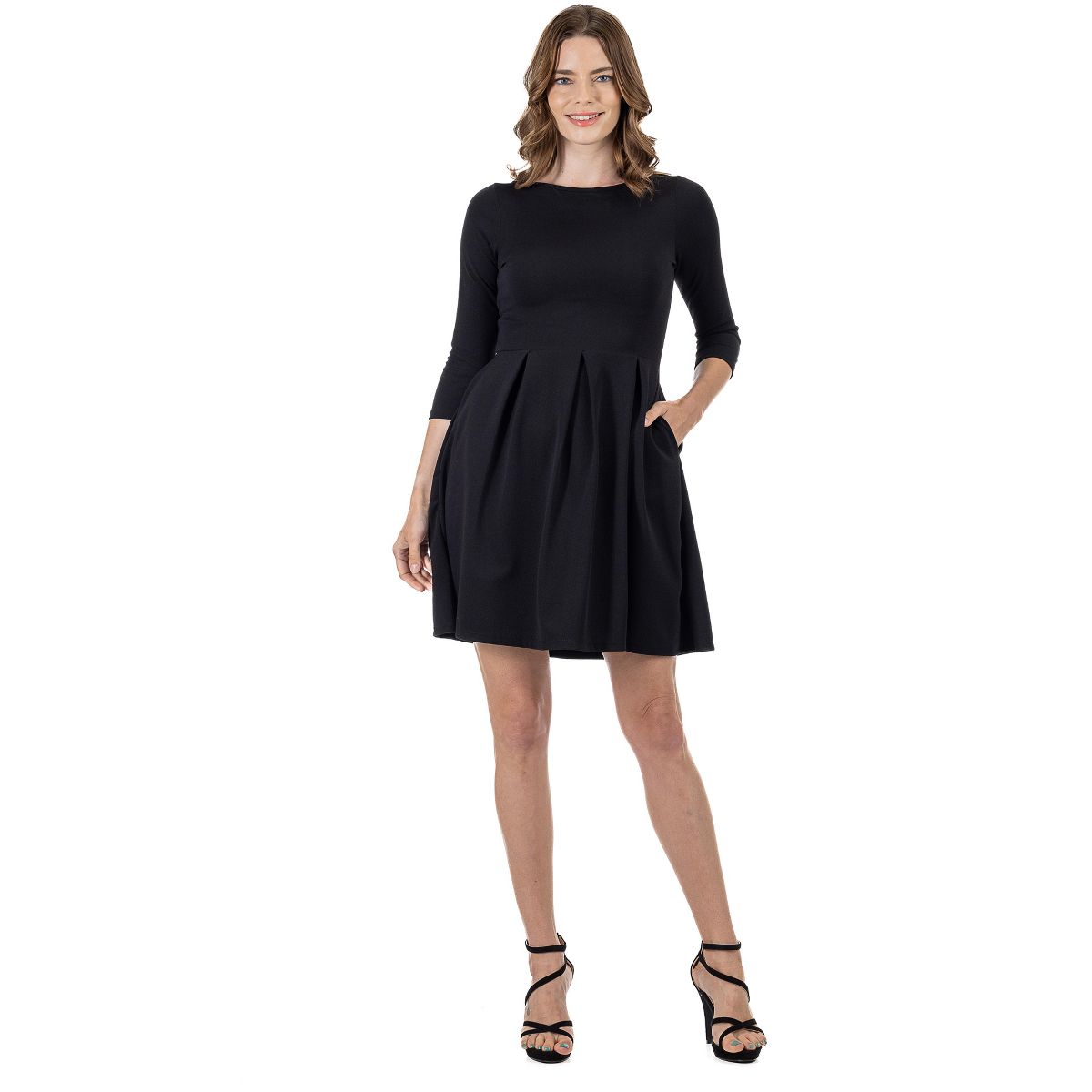 Womens Boat Neck Three Quarter Sleeve Pleated Fit N Flare Pocket Dress - 24seven Comfort Apparel™
