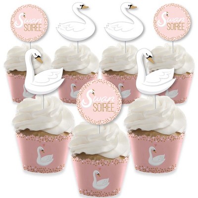 Big Dot of Happiness Swan Soiree - Cupcake Decoration - White Swan Baby Shower or Birthday Party Cupcake Wrappers and Treat Picks Kit - Set of 24