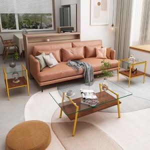 38.58" Coffee Table and 2 End Tables Set with Gray Tempered Glass Tops, MDF Layers, Modern Living Room Tables with Sturdy Iron Legs - 1 of 4