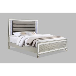 TiramisuBest Queen Size Panel Bed with Champagne Finish, LED Lights, Mirrors, Faux Leather, Wood Frame - 1 of 4