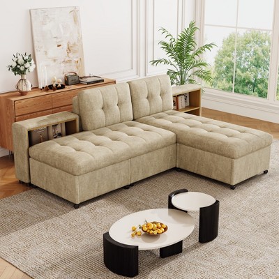 121"W Upholstered Sofa Bed Modular Sofa Free-combined Sofa Couch  Chaise Lounge Sofa with 2 Storage Racks, Brown/Gray-ModernLuxe