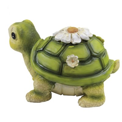 Green and Beige Mini Turtle Garden Statue with Flower Detail