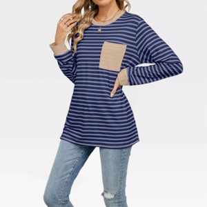 Womens Long Sleeve Tops Stripe Layered Look Top Lightweight Color Block Basic Tops Soft Sweatershirts Crew Neck T Shirt with Pockets - 1 of 4