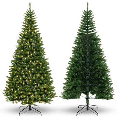 Tangkula 8 FT Artificial Xmas Tree 270° Christmas Tree with 1137 Evergreen Branch Tips 360 Warm White LED Lights  Green