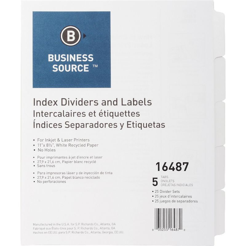 Business Source Index Dividers Unpunched 5-Tab 25 Sets/BX White 16487, 1 of 2