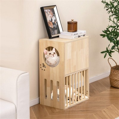 FURNIinspire Pet Tower Cat Tower Wooden 2 Tier Cat House Cat Condo, Pet Furniture Cat Litter Box with Cushion, Brown, 17"*11.5"*25.5"