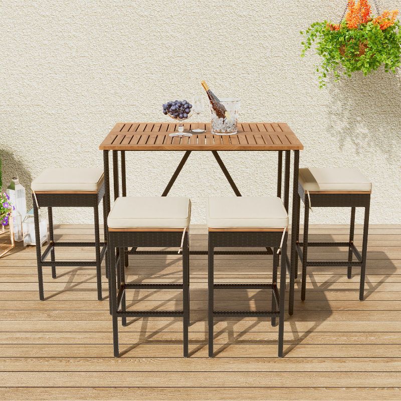 5-Piece Outdoor Acacia Wood Bar Height Table And Four Stool With Cushion,Garden PE Rattan Wicker Dining Table,Foldable Top,All-Weather Patio Furniture, 2 of 9
