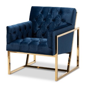Milano Velvet Fabric Upholstered Finished Lounge Chair Gold/Blue - Baxton Studio: Mid-Century Modern Accent, Plywood Frame - 1 of 4