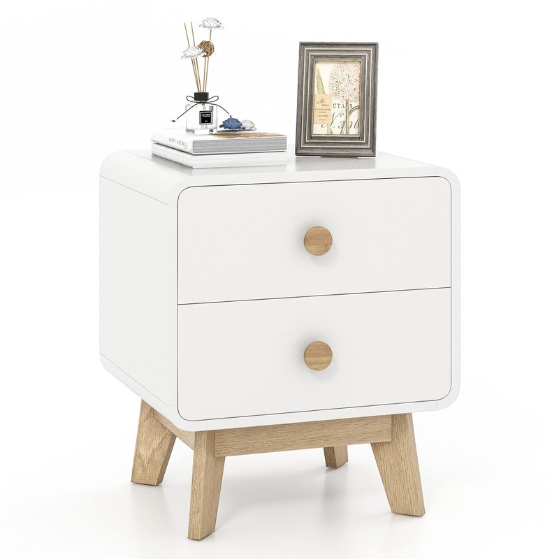 Costway 1/2 PCS Nightstand Mid Century Modern Bedside Table with 2 Drawers Solid Rubber Wood Legs White, 1 of 11