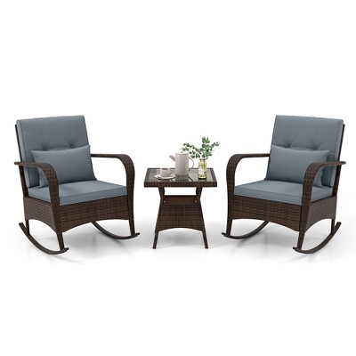 Tangkula 3PCS Outdoor Rocking Set Rattan Rocker Chairs w/ Tempered Glass Coffee Table Wicker Rocker Set Grey
