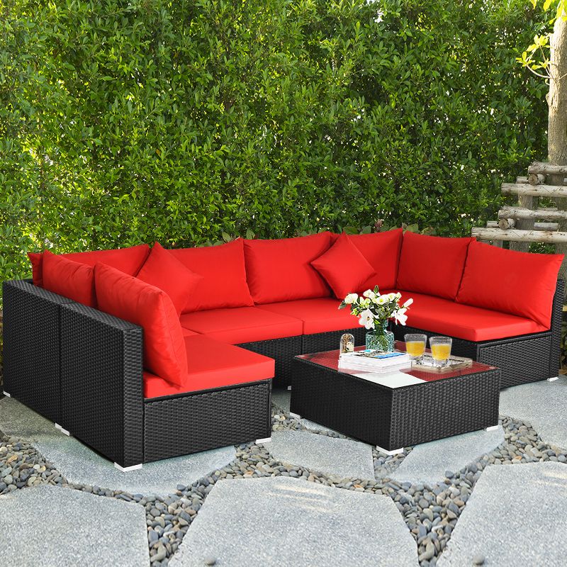 Costway 7PCS Rattan Patio Conversation Set Sectional Furniture Set w/ Red Cushion, 2 of 11
