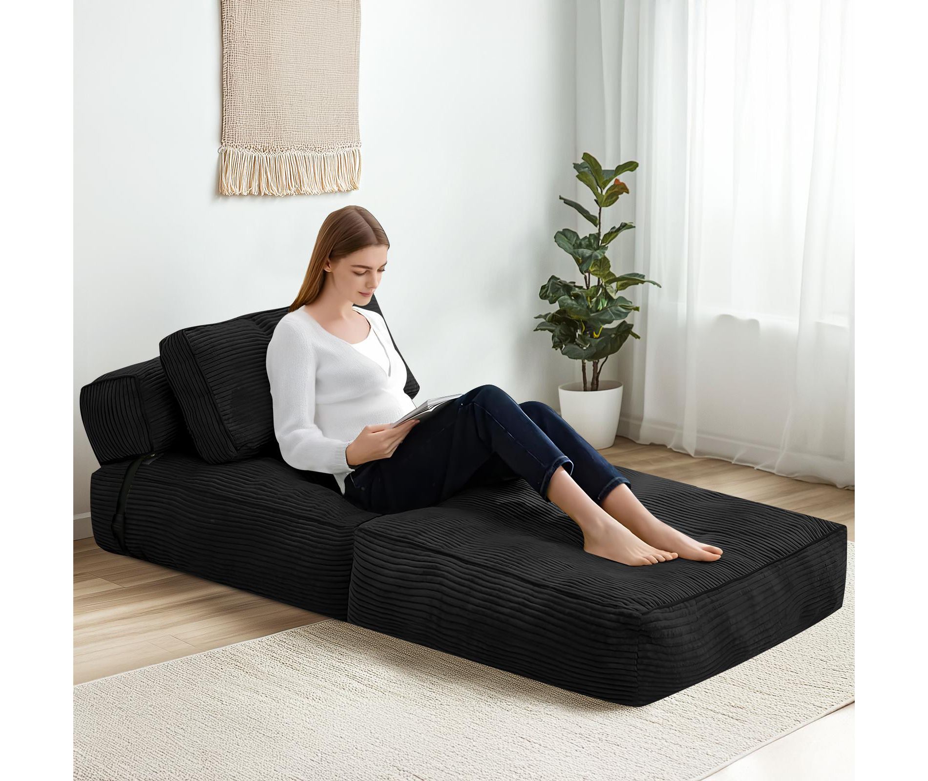 Hooseng Convertible Floor Couch Lazy Sofa, Corduroy Upholstered Folding Futon Sofa Bed With Adjustable Backrest, Foldable Lounge Mattress With Pillow