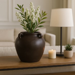 Decorative Rustic Textured Vase with Handles - Perfect Flower Vase for Living Room, Bedroom, Office, and Room Decor - Stylish House Decor - 14", Brown - 1 of 4