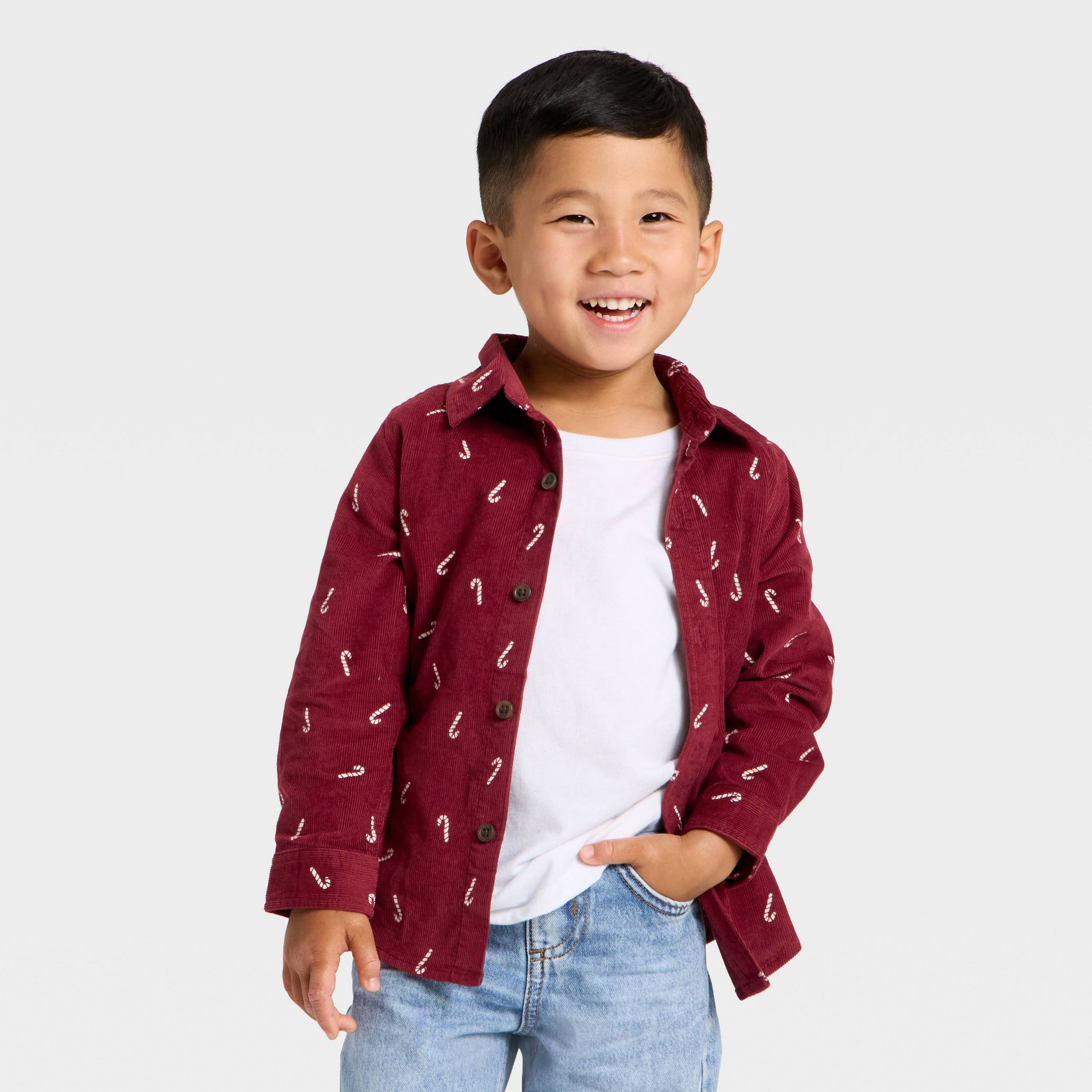 Toddler Boys' Long Sleeve Candy Cane Button-Up Shirt - Cat & Jack™ Maroon