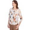 Alfred Dunner Womens Floral Watercolor Gathered Sleeve Top,Tan,Size Small - 3 of 4