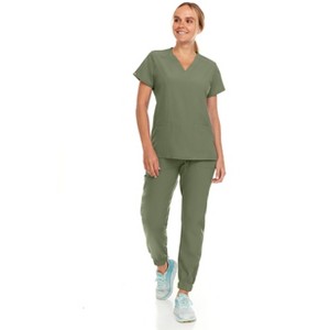 Hey Collection Womens Stretch V-Neck Jogger Scrubs Set, Medical Nursing Tops with Four Pocket Pants - 1 of 4