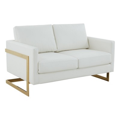 LeisureMod Lincoln Mid-Century Modern Upholstered Faux Leather Loveseat with Gold Frame