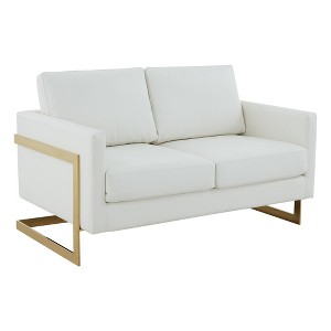 LeisureMod Lincoln Mid-Century Modern Upholstered Faux Leather Loveseat with Gold Frame - 1 of 4