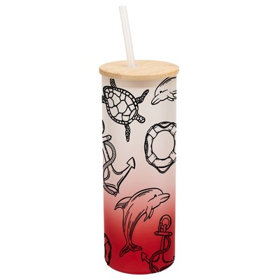Elanze Designs Ocean Life Sea Turtle Dolphin Sailboat Wrap-Around Design 25 Ounce Frosted Gradient Glass On-The-Go Coffee Travel Skinny Tumbler Mug