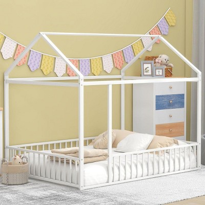 Streamdale Full Size Metal Bed House Bed Frame with Fence, for Kids, Teens, Girls, Boys,White