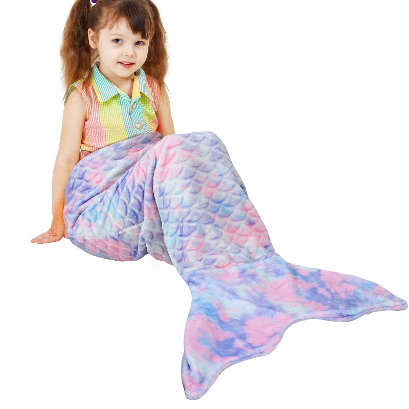 Catalonia Kids Mermaid Tail Blanket, Super Soft Plush Flannel Sleeping Blanket for Girls, Rainbow Ombre, Fish Scale Pattern, Gift Idea, 4 of 8
