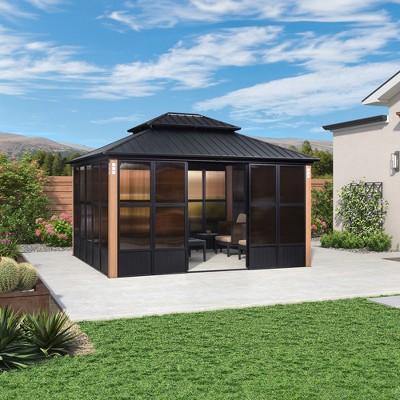 PURPLE LEAF Permanent Hardtop PC Frame Gazebo with Galvanized Steel Double Roof, Solarium Backyard Sunroom