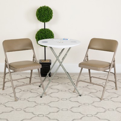 Beige Vinyl Metal Folding Chair with Padded Seat and Triple Braced Frame