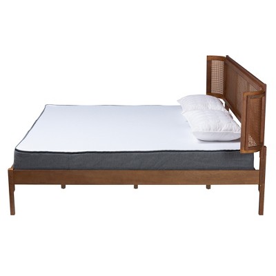 King Walnut Wood and Rattan Platform Bed with Woven Headboard