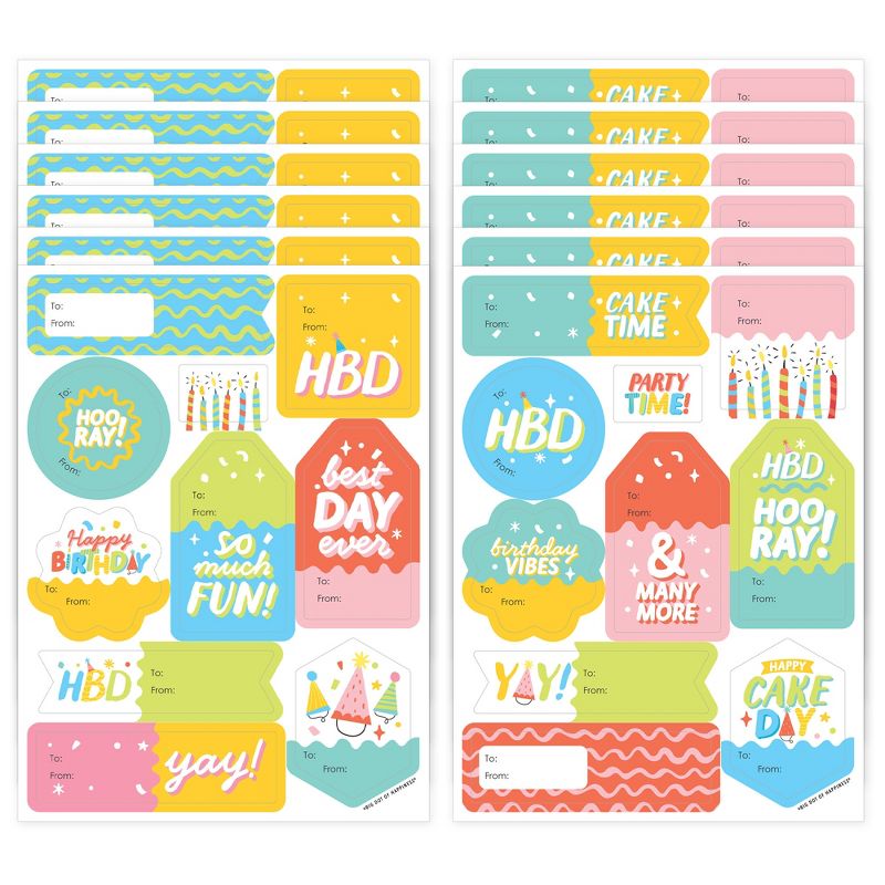 Big Dot of Happiness Party Time - Assorted Happy Birthday Party Gift Tag Labels - To and From Stickers - 12 Sheets - 120 Stickers, 1 of 9