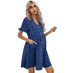 Womens Maternity Dress Swiss Dot V Neck Short Sleeve Button Down Summer Casual Baby Shower Mini Dresses - 1 of 4