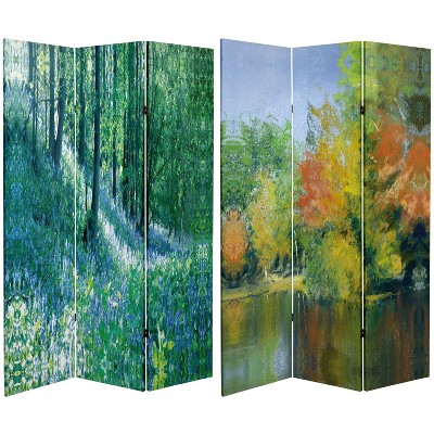 6" Double Sided Nature's Embrace Canvas Room Divider Green - Oriental Furniture: Adjustable 3-Panel, Spruce Wood Frame, No Assembly Required