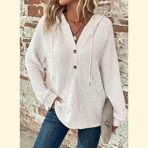 Coolmee Hoodies for Women Knit Long Sleeve Drawstring Button V Neck Casual Pullover Sweatshirt Hooded Tops - 1 of 3