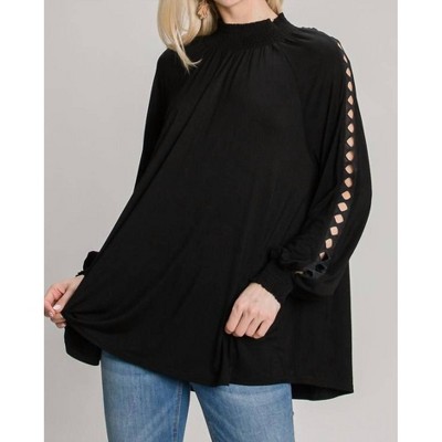 Women's Smocked Mock Neck Long Sleeve Knit Blouse - ALLIE ROSE