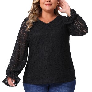 Agnes Orinda Women's Plus Size Lace Floral V Neck Sheer Long Sleeve Lined Dressy Casual Blouses - 1 of 4