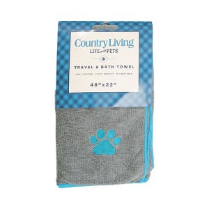 Country Living Large Gray and Teal Microfiber Dog Bath Towel - Quick-Drying, Absorbent, and Durable, Embroidered Paw Print, 48" x 22" - 1 of 4