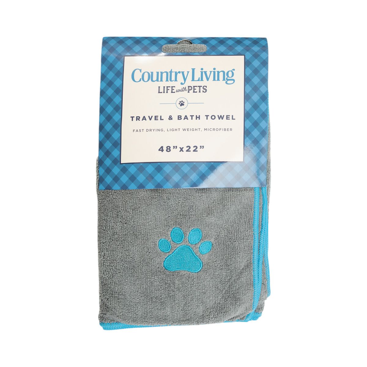 Country Living Large Gray and Teal Microfiber Dog Bath Towel - Quick-Drying, Absorbent, and Durable, Embroidered Paw Print, 48" x 22"