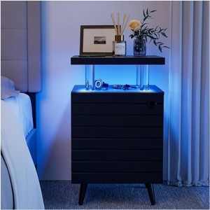 Modern Nightstand with LED Lights Bedside Table with Drawers 4 Acrylic Columns Freestanding End Side Table for Bedroom Living Room Black - 1 of 4