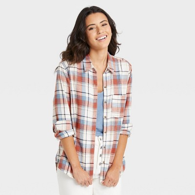 Image of Women's Long Sleeve Flannel Button-Down Shirt - Universal Thread™ Light Red Plaid XXL
