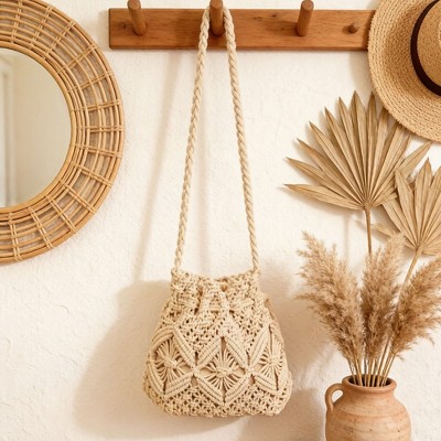 Сумки Alilang Macrame Bucket Bag Knotted Rope Handbag Drawstring Shoulder Bag Textured Woven Crossbody Style Lightweight Boho Purse - Light Beige — фото 4