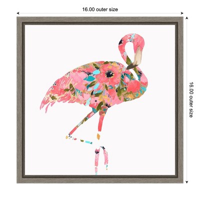 Summer Glow Pink Flamingo Floral Canvas Framed Wall Art 16x16