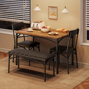 4-Piece Dining Table Set for 4, Brown Kitchen Table with Upholstered Bench & 2 Chairs, Space-Saving Wooden Dining Set for Apartment & Small Space - 1 of 4