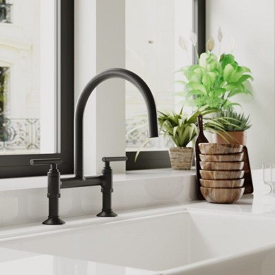 Matte Black Double-Handle Bridge Kitchen Faucet with High-Arc Spout